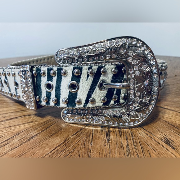 Western Zebra Print Leather Belt with Rhinestone & Studs - Picture 4 of 14
